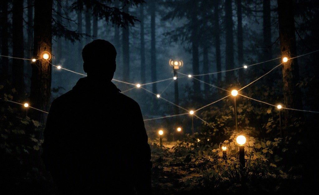 Forest mesh network glowing among the trees