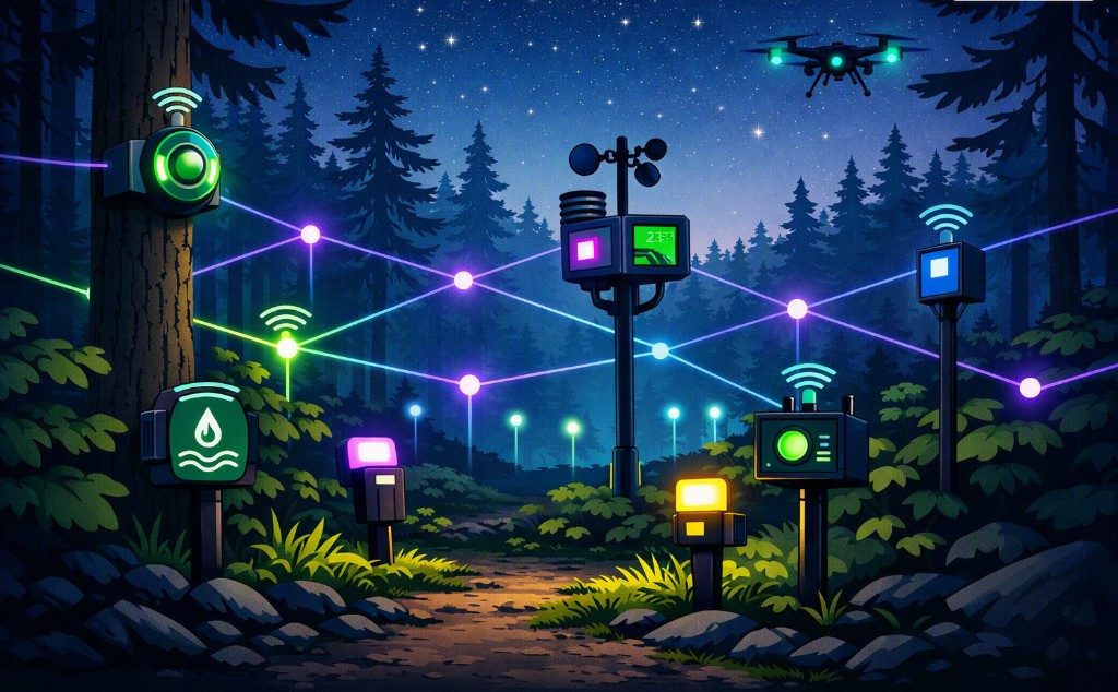 Smart forest mesh network with sensor nodes and drone overhead