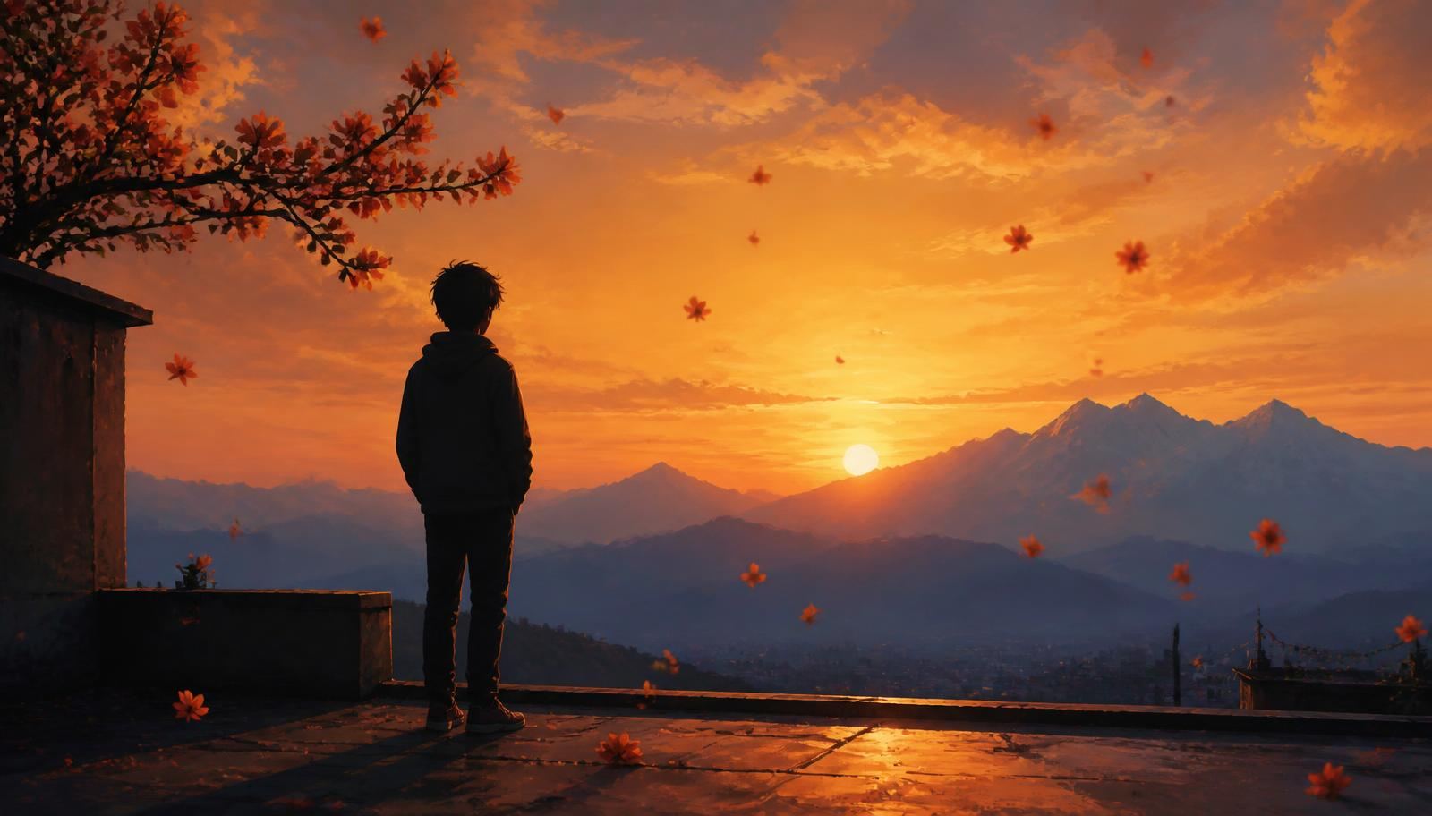 A boy on a rooftop at sunset, gazing toward the Similipal range